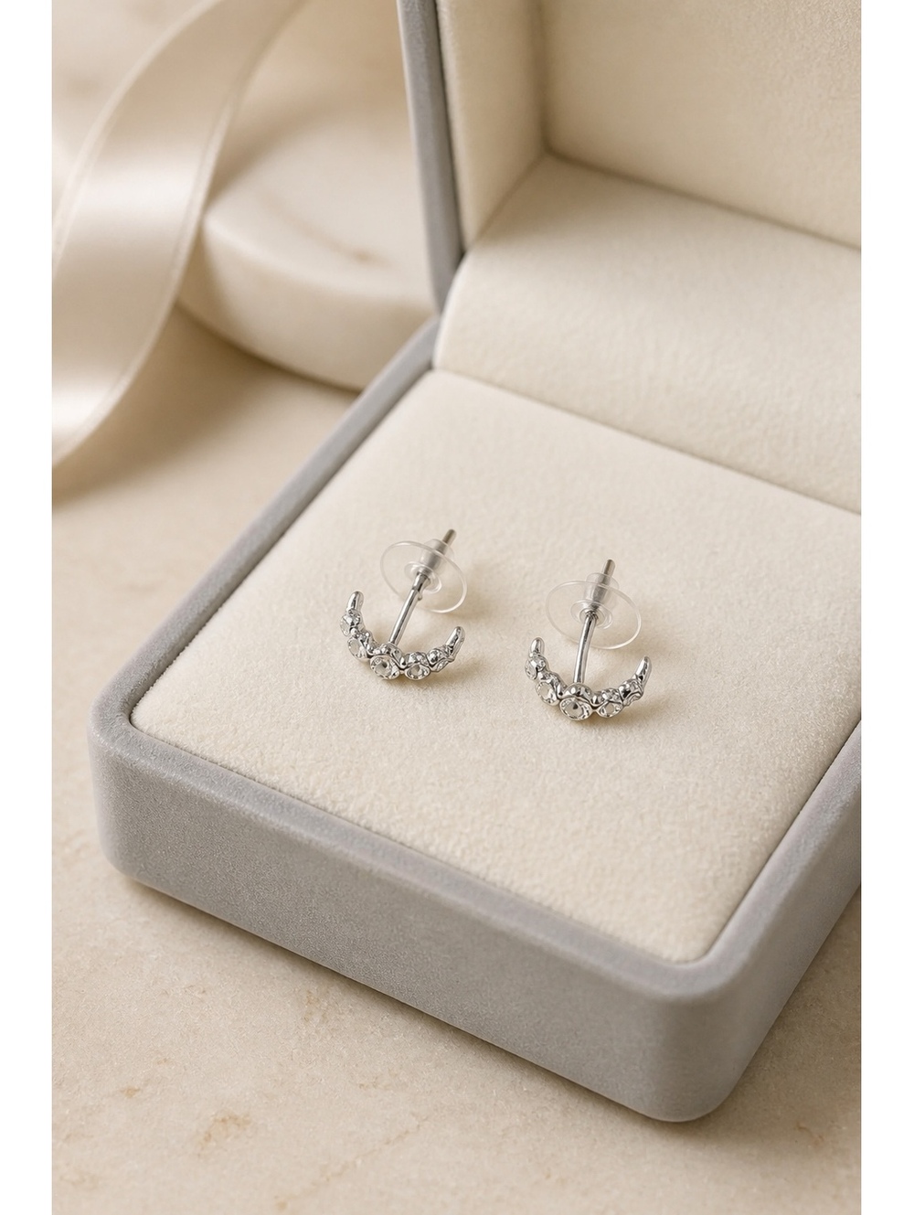 Silver Tone Clear Rhinestone Half Hoop Stud Earrings with Free Backs